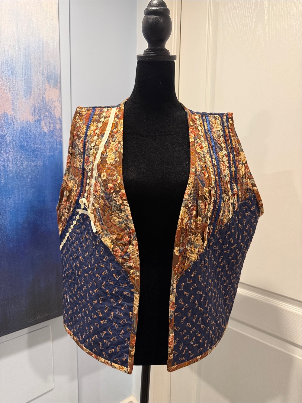 Reversible Boho Patchwork Open Vest in Navy and Brown